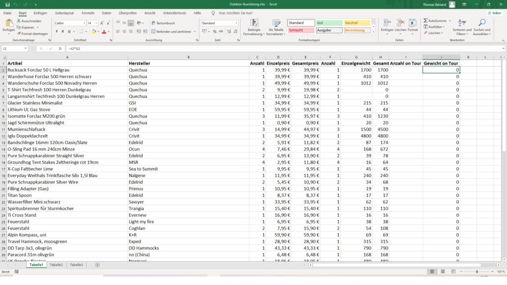 Screenshot der Outdoor-Liste in Excel