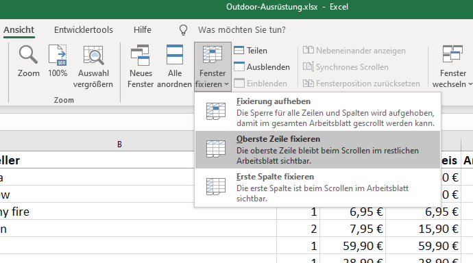 Screenshot aus der Planung in Excel
