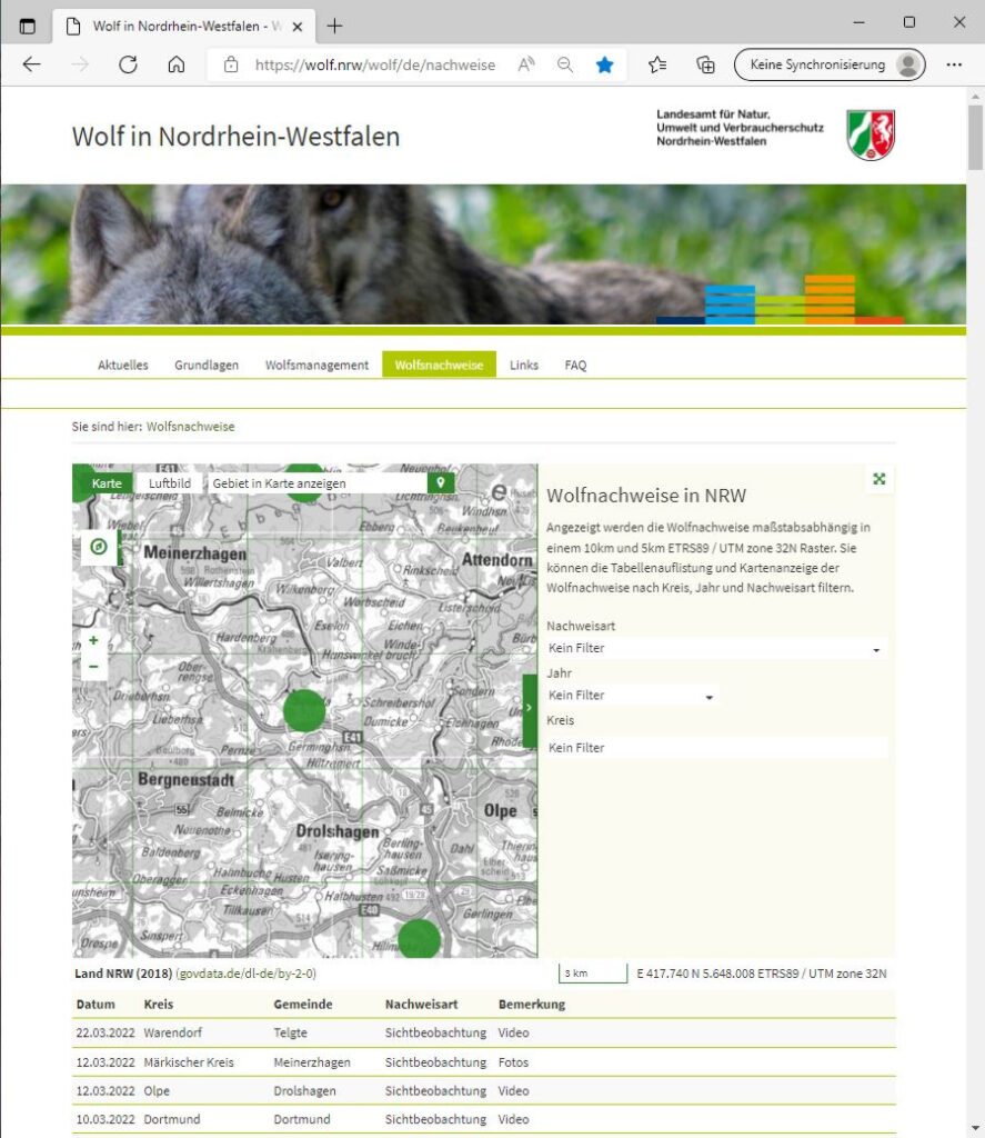 Screenshot der Wolfsmonitoring-Seite des LANUV NRW.