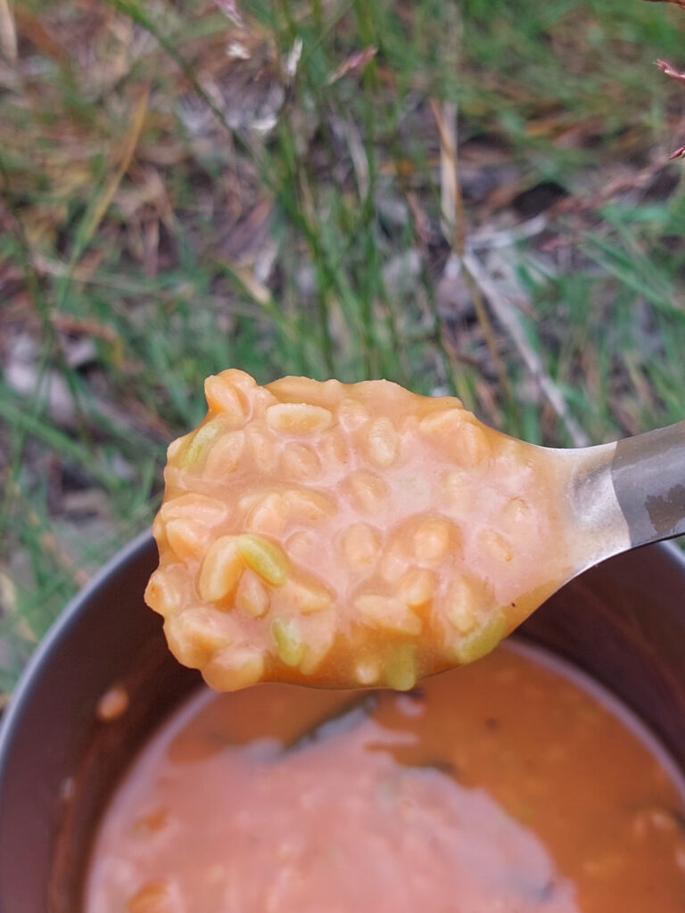 fertige Risoni in Minz-Tomatensoße auf einem Löffel