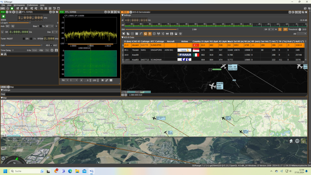 Screenshot der kostenfreien Anwendung SDRAngel auf dem PC. Gute Infos zum Planespotting liefern die über ADS-B gesendeten Daten der Flugzeuge