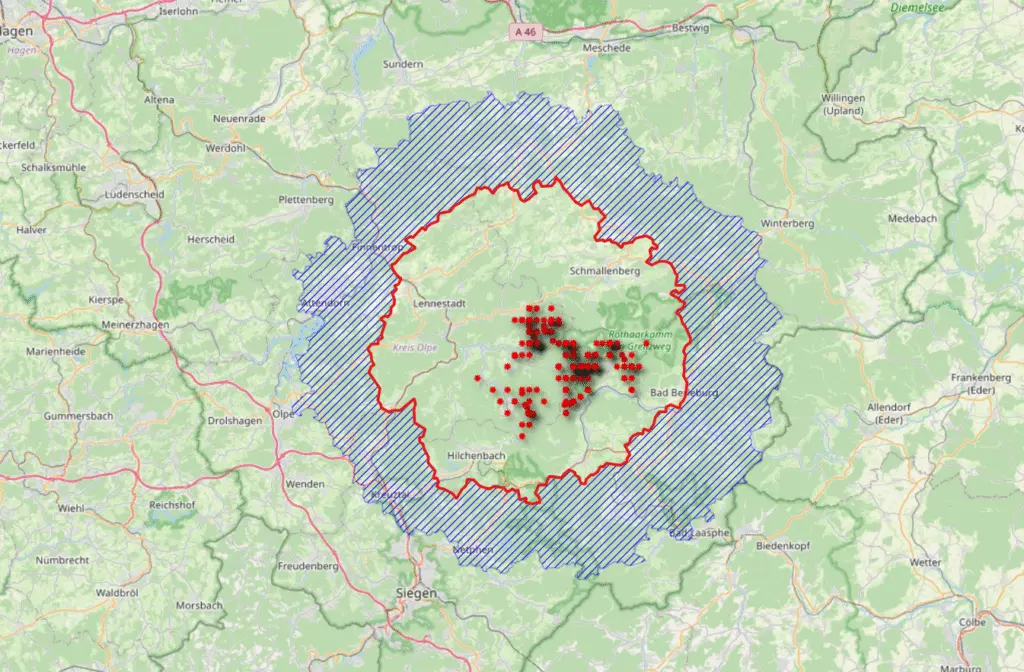 Eigene Karten-Darstellung (QGIS) der Fundorte der an ASP verendeten Tiere im Kreis Olpe, Hochsauerlandkreis und dem Kreis Siegen-Wittgenstein mit dem WAHIS-Datenstand vom 16.11.2025