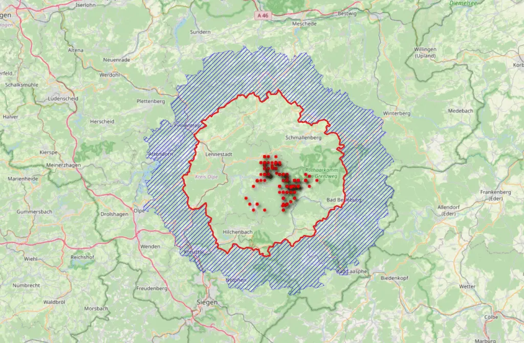 Screenshot von eigenem Kartenmaterial zu den lokalen Sperrzonen und den Fundstellen der verendeten Tiere. Das Kartenmaterial ist in QGIS erstellt worden.